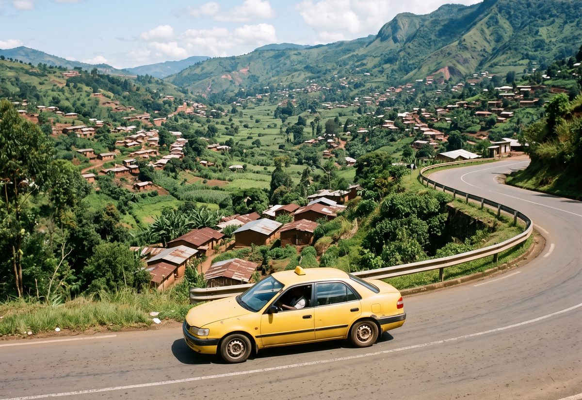 A yellow taxi on a winding road through the green hills around Bamenda